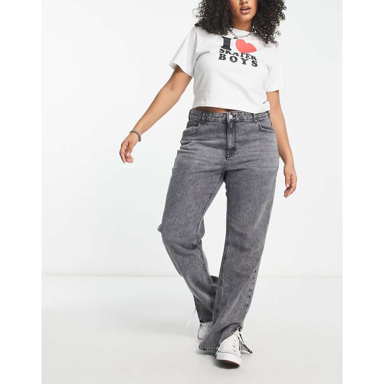 Only Curve high waisted straight leg jeans with split hem in grey