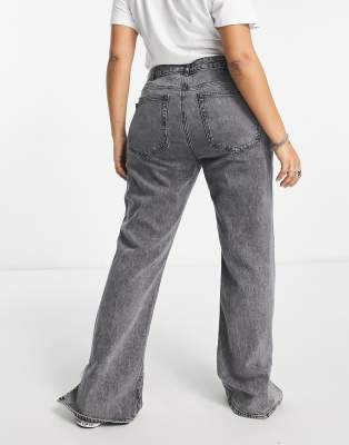 Washed Grey Split Hem Straight Leg Jeans