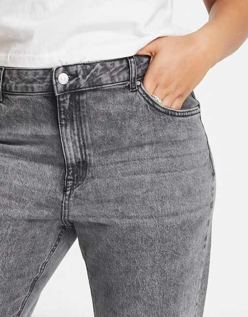 Only Curve high waisted straight leg jeans with split hem in grey