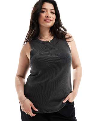 ONLY Curve - Hochgeschlossenes, geripptes Tanktop in verwaschenem Schwarz