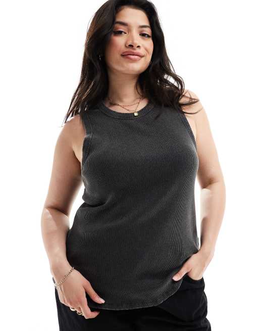 ONLY Curve – Hochgeschlossenes, geripptes Tanktop in verwaschenem Schwarz 