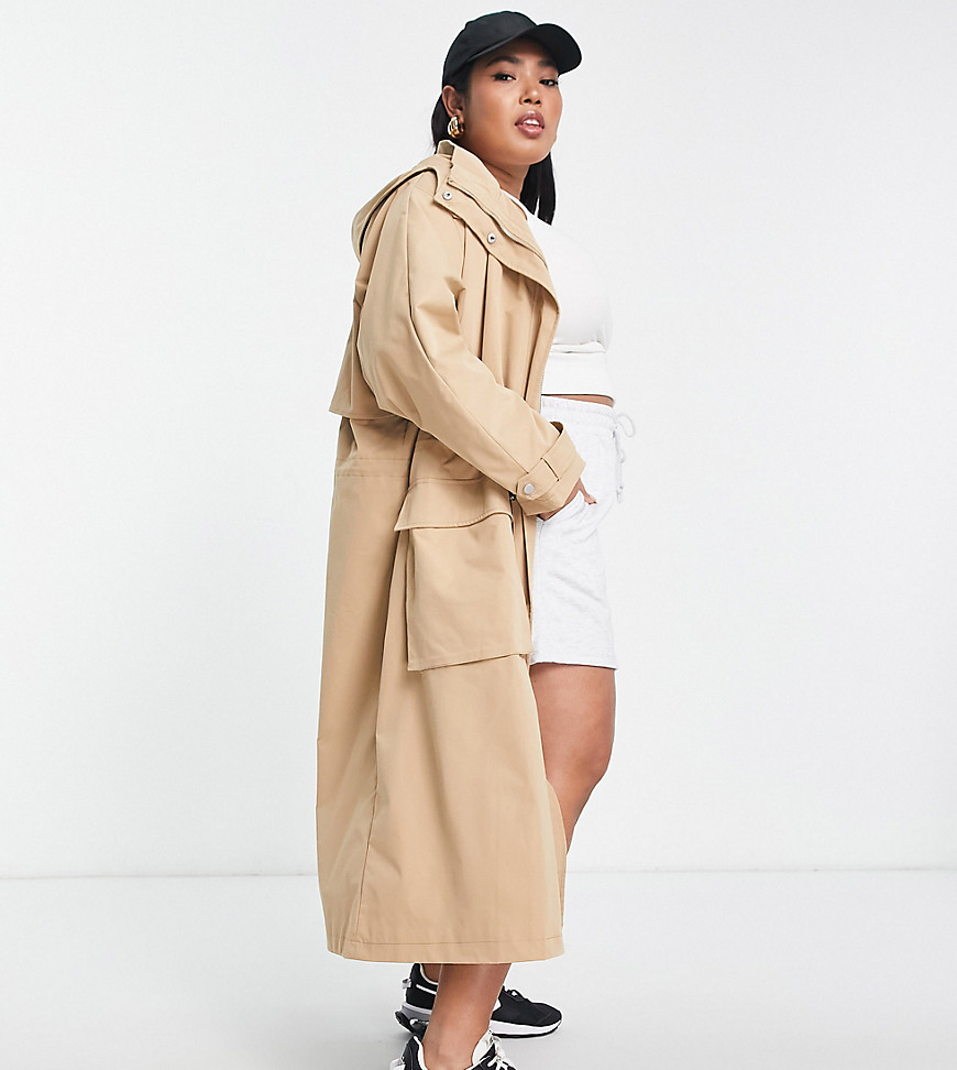 Only Curve hooded trench jacket in camel-Brown