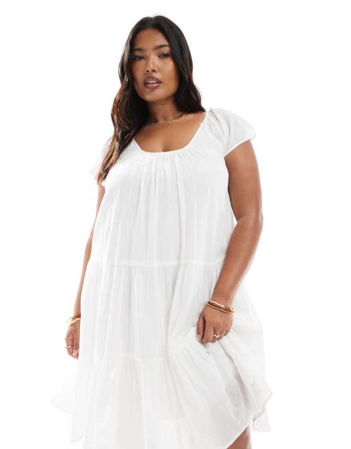 ONLY Curve - Hvid og lagdelt boho-midikjole med dyb og rund hals, 2 af 4