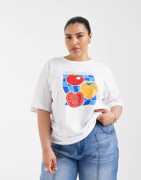 ONLY Curve - Hvid oversized T-shirt med tomatgrafik - view 1