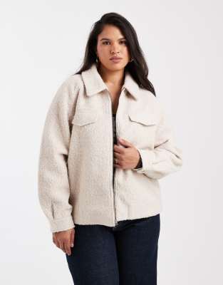 ONLY Curve - Jacke aus Bouclé in Steinbeige mit durchgehendem Reißverschluss-Neutral