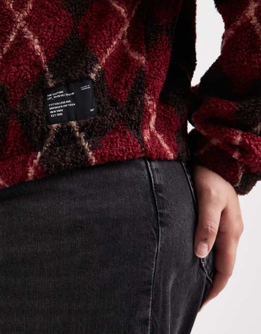 ONLY Curve – Jacke aus Teddyfleece in Burgunderrot mit Karomuster und Reißverschluss, 4 von 4