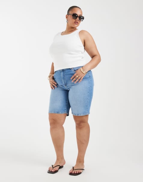 ONLY Curve high waist denim shorts in light blue