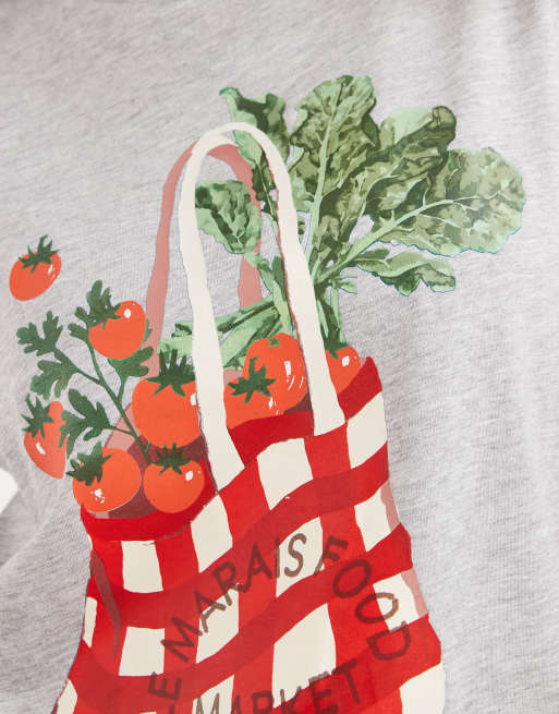 ONLY Curve – Jasnoszary T-shirt z grafiką pomidorów, 2 z 4