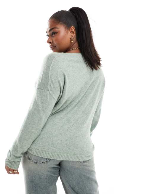 ONLY Curve – Jasnozielony melanżowy sweter z dekoltem w szpic , 4 z 4