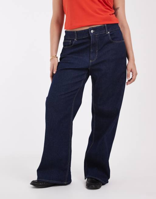 ONLY Curve jeans a gamba larga a vita alta in blu scuro rinsed, 2 di 5