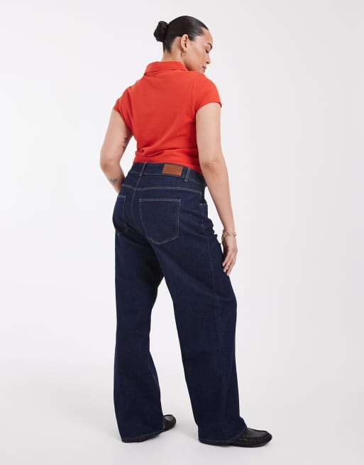 ONLY Curve jeans a gamba larga a vita alta in blu scuro rinsed, 5 di 5