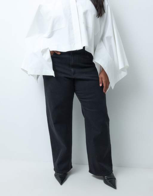 ONLY Curve jeansy barrel z wysokim stanem ze strasami w czarnym denimu, 3 z 5