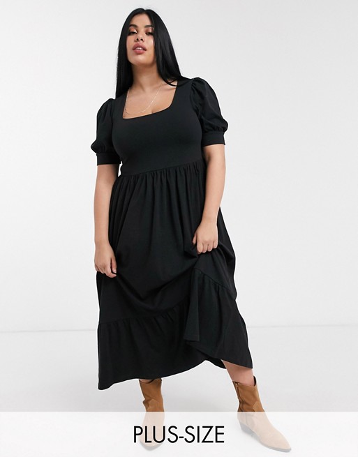 Only Curve jersey midi dress with puff sleeve in black