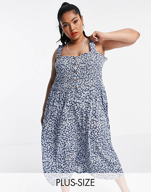 Only Curve jersey sundress with ruched strap in navy