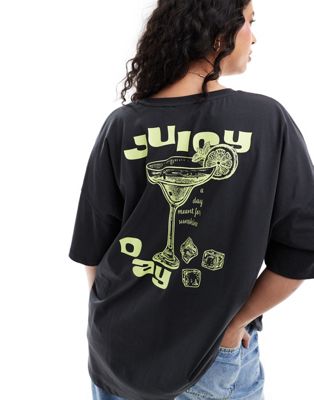 Only Curve Juicy Cocktail Back Graphic Oversized Tee In Wash Black