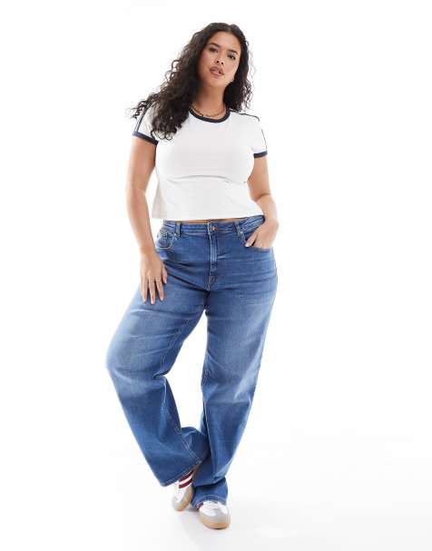 ONLY Curve Juicy wide leg jeans in mid blue - view 1