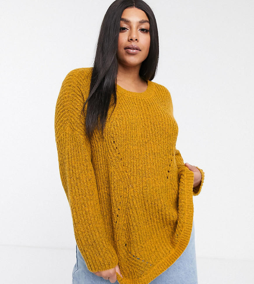 Only Curve jumper with crew neck and pointelle detail in mustard-Orange