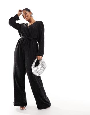 Only Curve - Jumpsuit in Glitzer-Schwarz mit Bindegürtel