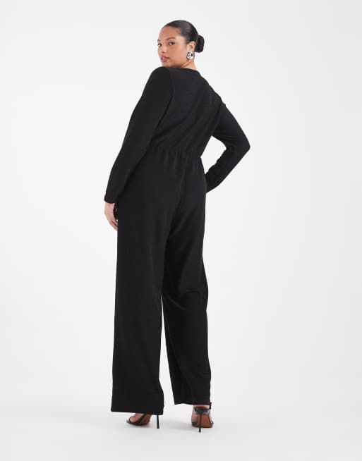 ONLY Curve jumpsuit med omlott framtill, vida ben och glitter i svart, 3 av 4