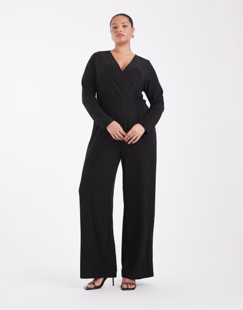 ONLY Curve Jumpsuit mit Wickelfront, weitem Bein und Glitzer in Schwarz - view 1