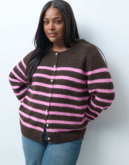 ONLY Curve knitted cardigan in brown & pink stripes, 2 of 4