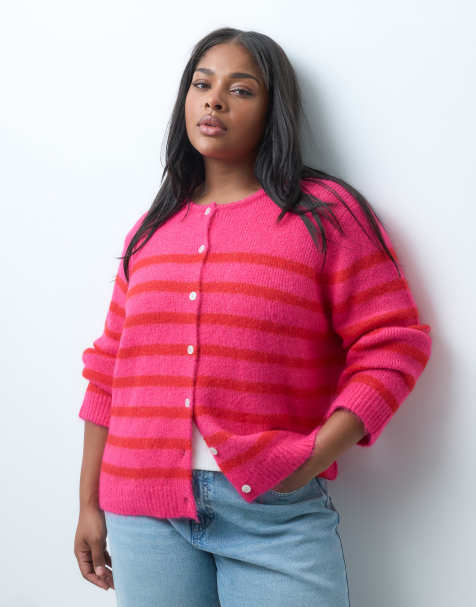 ONLY Curve knitted cardigan in red & pink stripes - view 1
