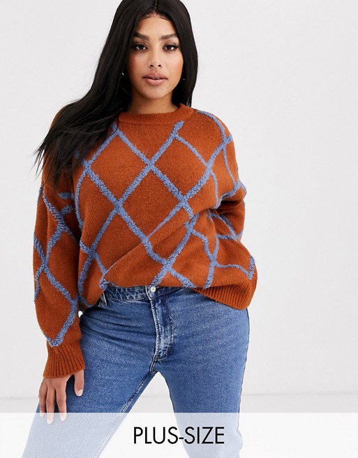 Only Curve knitted jumper in brown with blue stripe