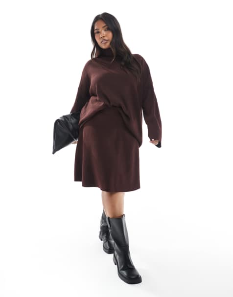 ONLY Curve knitted jumper & mini skirt set in burgundy - view 1