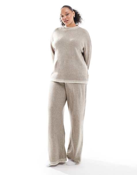ONLY Curve knitted set with stitch hem detail in beige - view 1