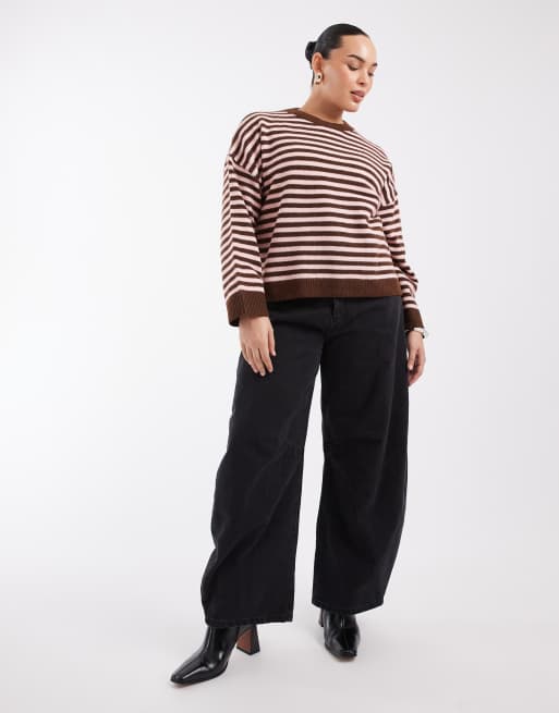 ONLY Curve knitted sweater in brown & pink stripes, 2 of 4