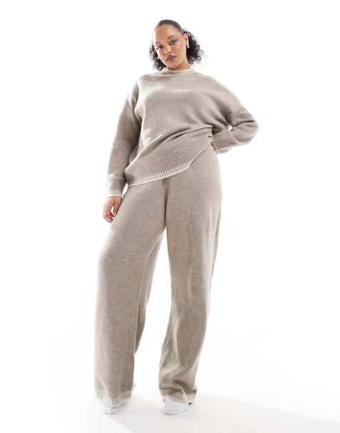 ONLY Curve knitted wide leg pants with stitch hem detail in beige - part of a set - view 1