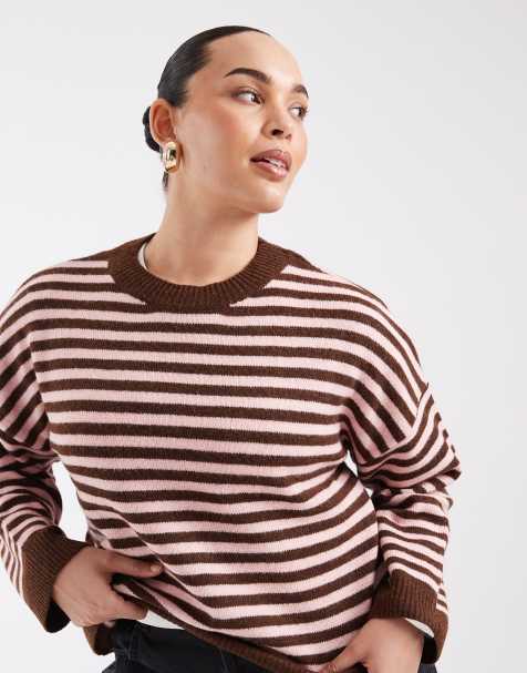 ONLY Curve knittted jumper in brown & pink stripes - view 1