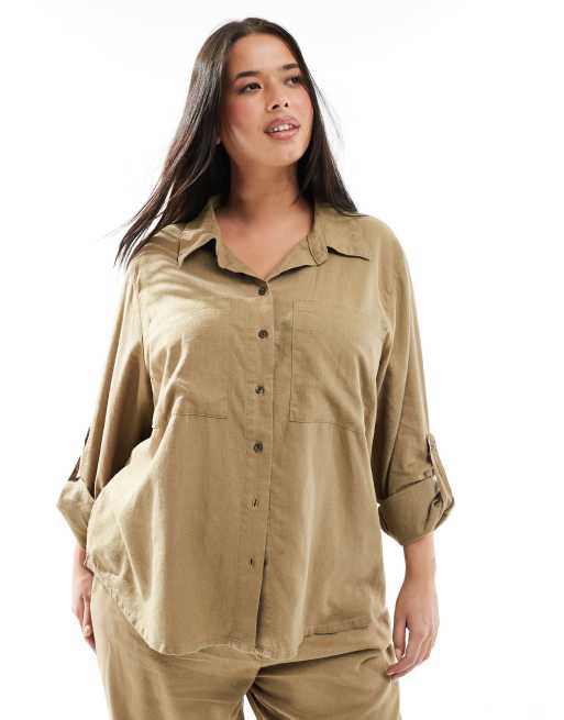 ONLY Curve – Koszula z mieszanki lnu w jasnym odcieniu khaki, część zestawu