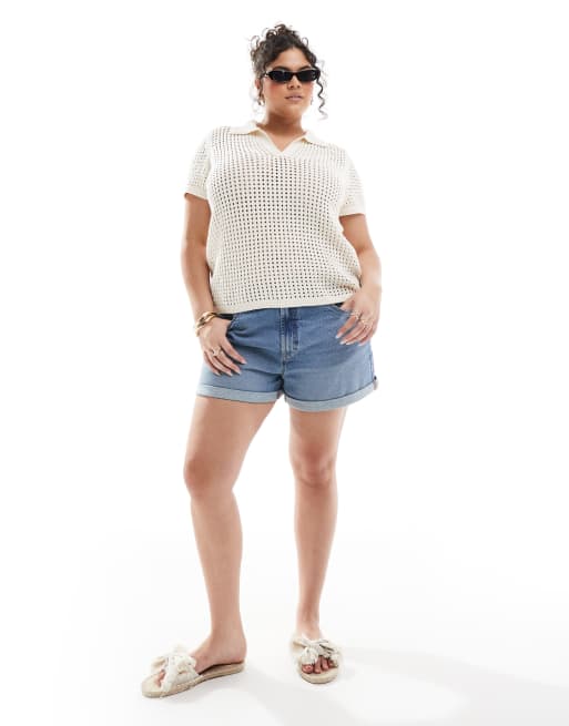 ONLY Curve – Kremowy sweter polo z ażurowej dzianiny, 2 z 4