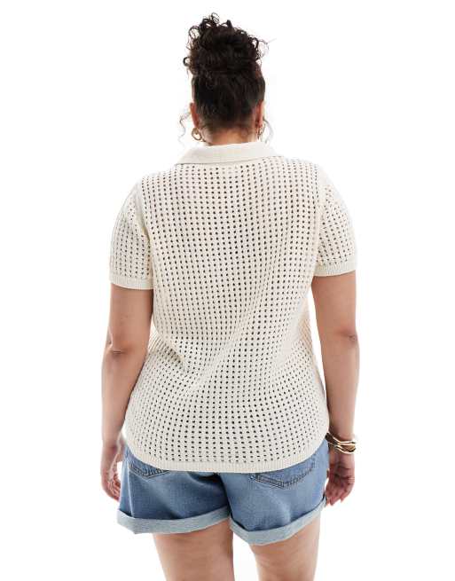 ONLY Curve – Kremowy sweter polo z ażurowej dzianiny, 4 z 4