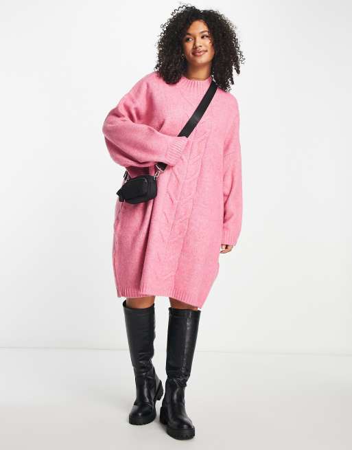 Only Curve – Kurzes Oversized-Pulloverkleid in Rosa mit Zopfmuster , 4 von 4