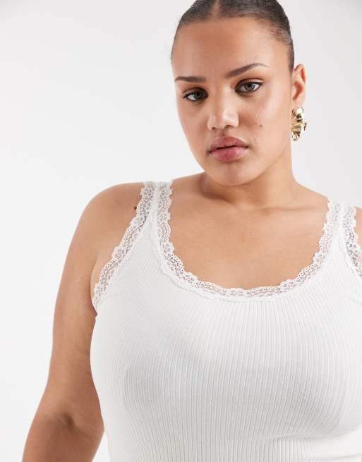 ONLY Curve lace trim tank top in white, 3 of 4