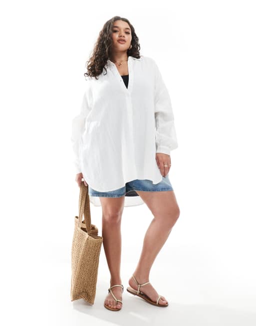 ONLY Curve – Langärmlige Hemdbluse aus dünnem, weitmaschig gewebtem Baumwollstoff in Weiß, 2 von 4