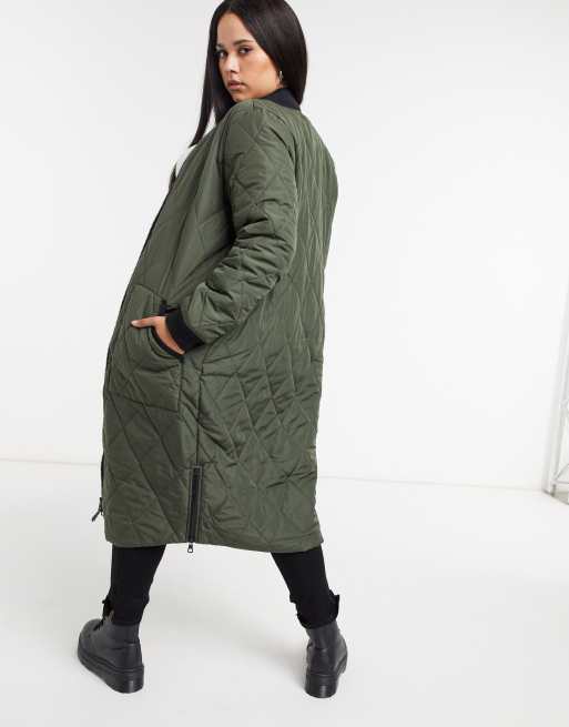 Only Curve Langer Steppmantel In Khaki Asos