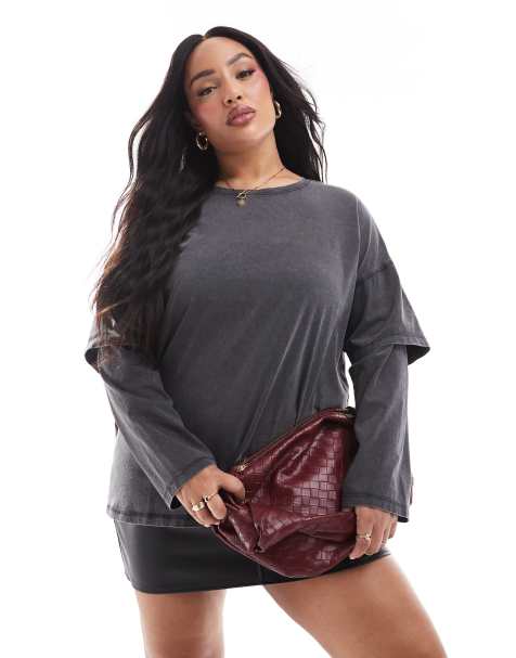 ONLY Curve layered long sleeve top in washed grey  - view 1