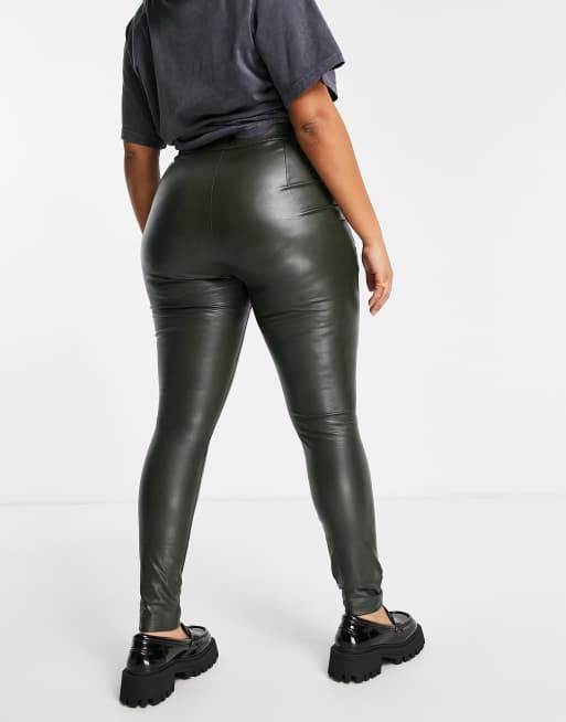 Only Curve - Leggings in pelle sintetica verde scuro, 2 di 4