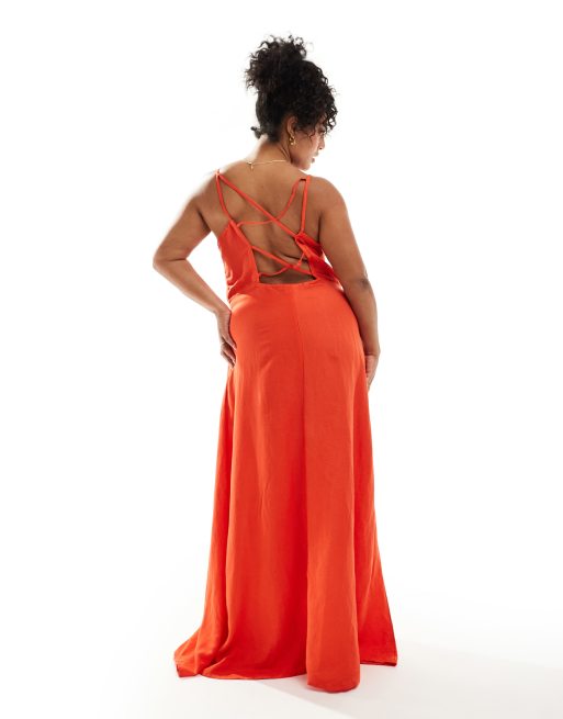 Only Curve – Leinen-Maxikleid in Rot mit Riemchen-Detail 