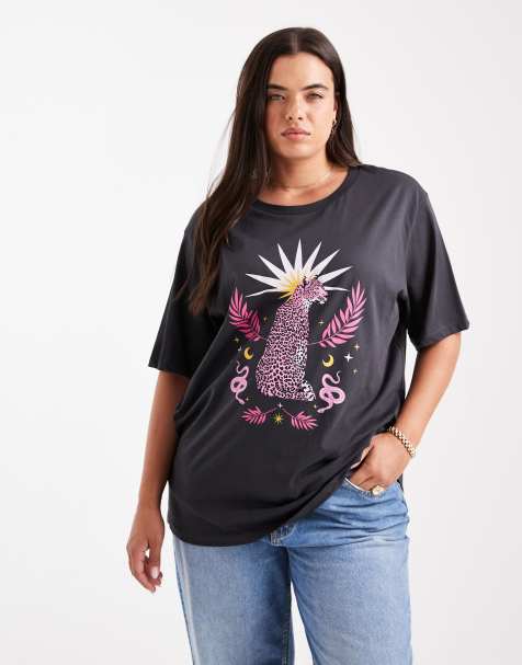 ONLY Curve leopard graphic oversized fit t-shirt in charcoal - view 1