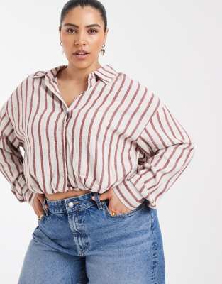 Only Curve Linen Blend Cropped Shirt In Red