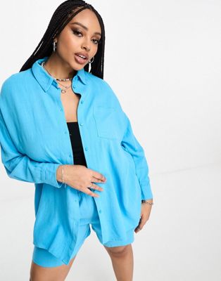 Only Curve linen blend loose shirt co-ord in bright blue