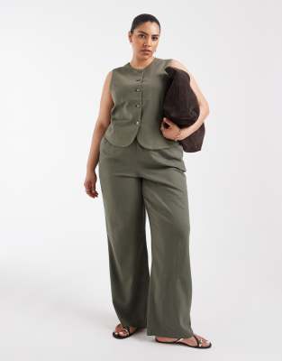 ONLY Curve linen blend pants in olive green - part of a set smokey olive