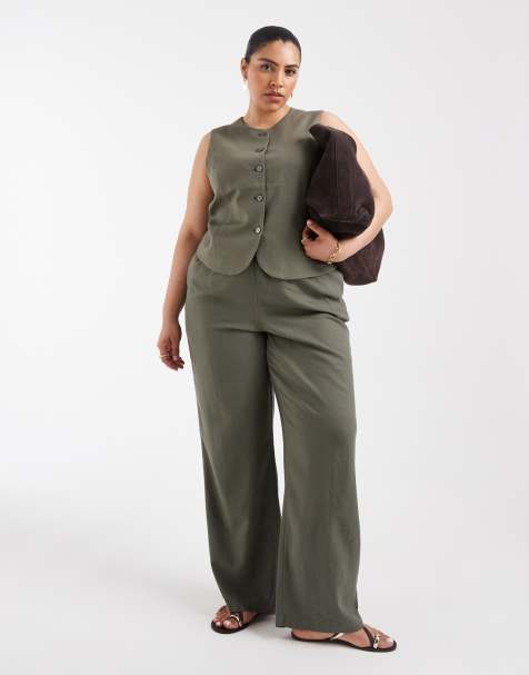 ONLY Curve linen blend pants in olive green (part of a set) - view 1