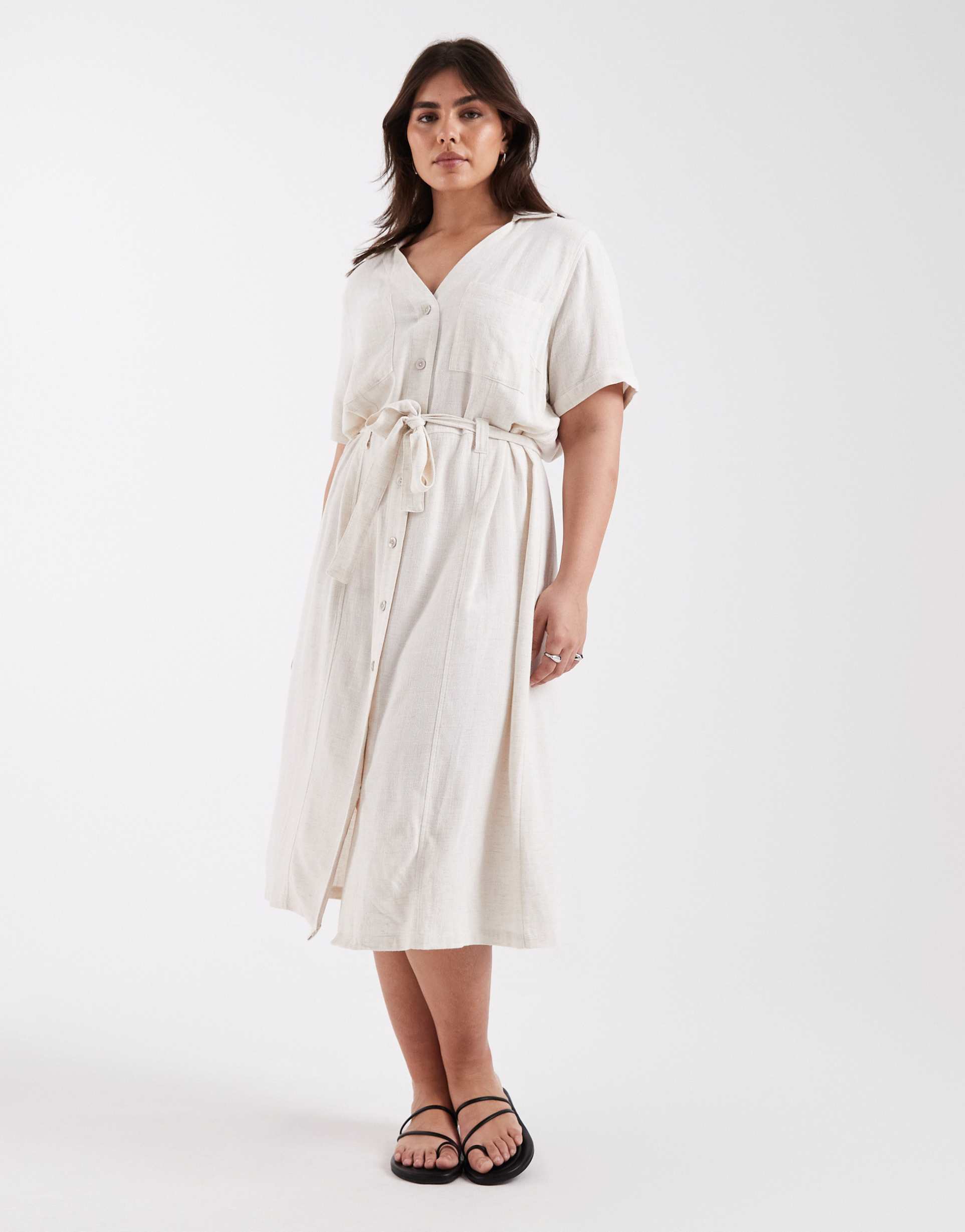 only curve linen blend shirt dress in cream