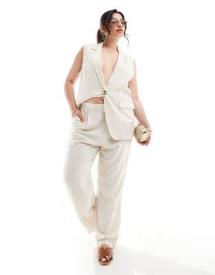 linen blend straight leg tailored pants in cream - part of a set-White