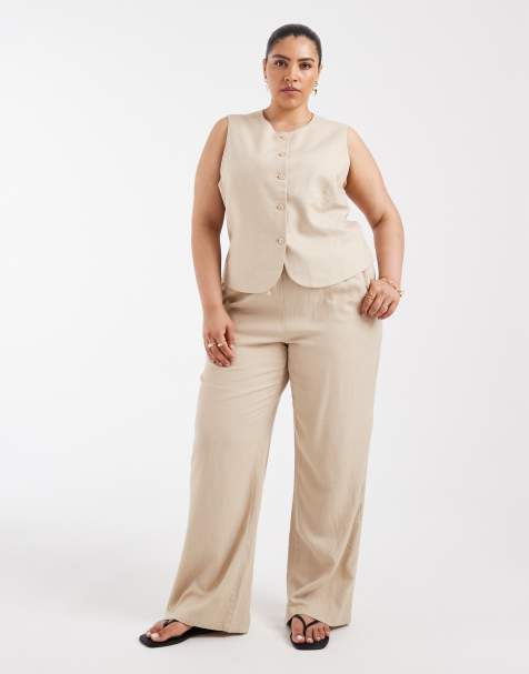 ONLY Curve linen blend trousers co-ord in beige - view 1